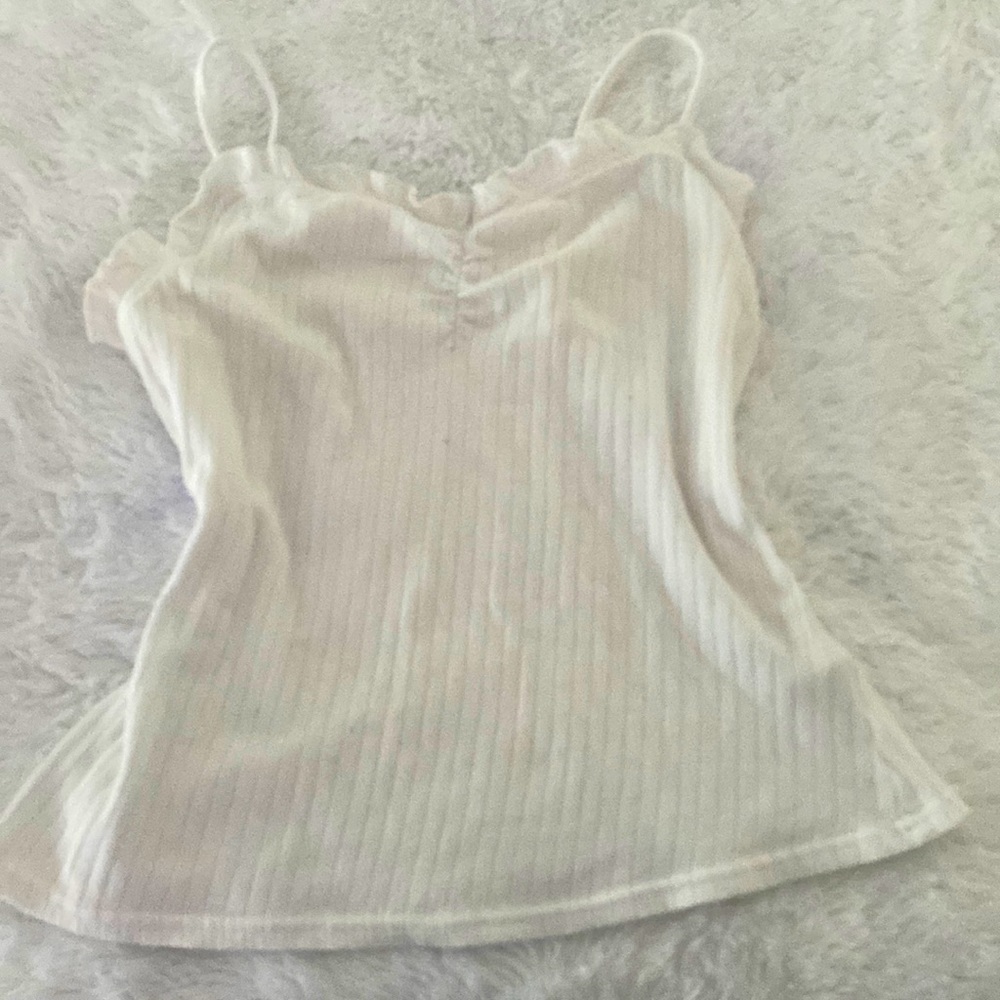 Soft material spaghetti straps ruffled top white